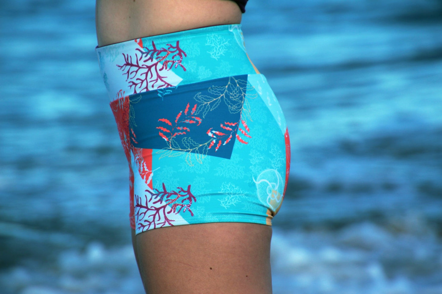 Eco Friendly Second Skin Reversible High Waisted Swim Short In Ocean Patchwork/ Magenta Purple - Groove Rabbit
