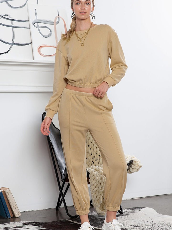 Round Neck Long Sleeve Cropped Top and Pants Set - Groove Rabbit