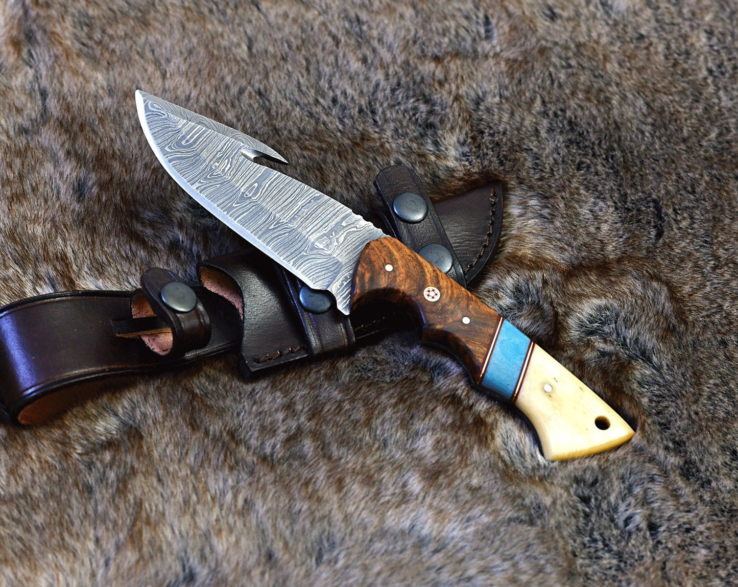 SHOKUNIN USA 10" Damascus Hunting Knife - Custom Steel Blade, Exotic Rosewood & Bone Handle, Personalized Gift for Him - Outdoor Gear - Groove Rabbit