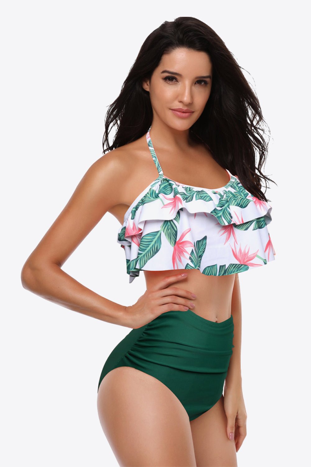 Two-Tone Ruffled Halter Neck Two-Piece Swimsuit - Groove Rabbit