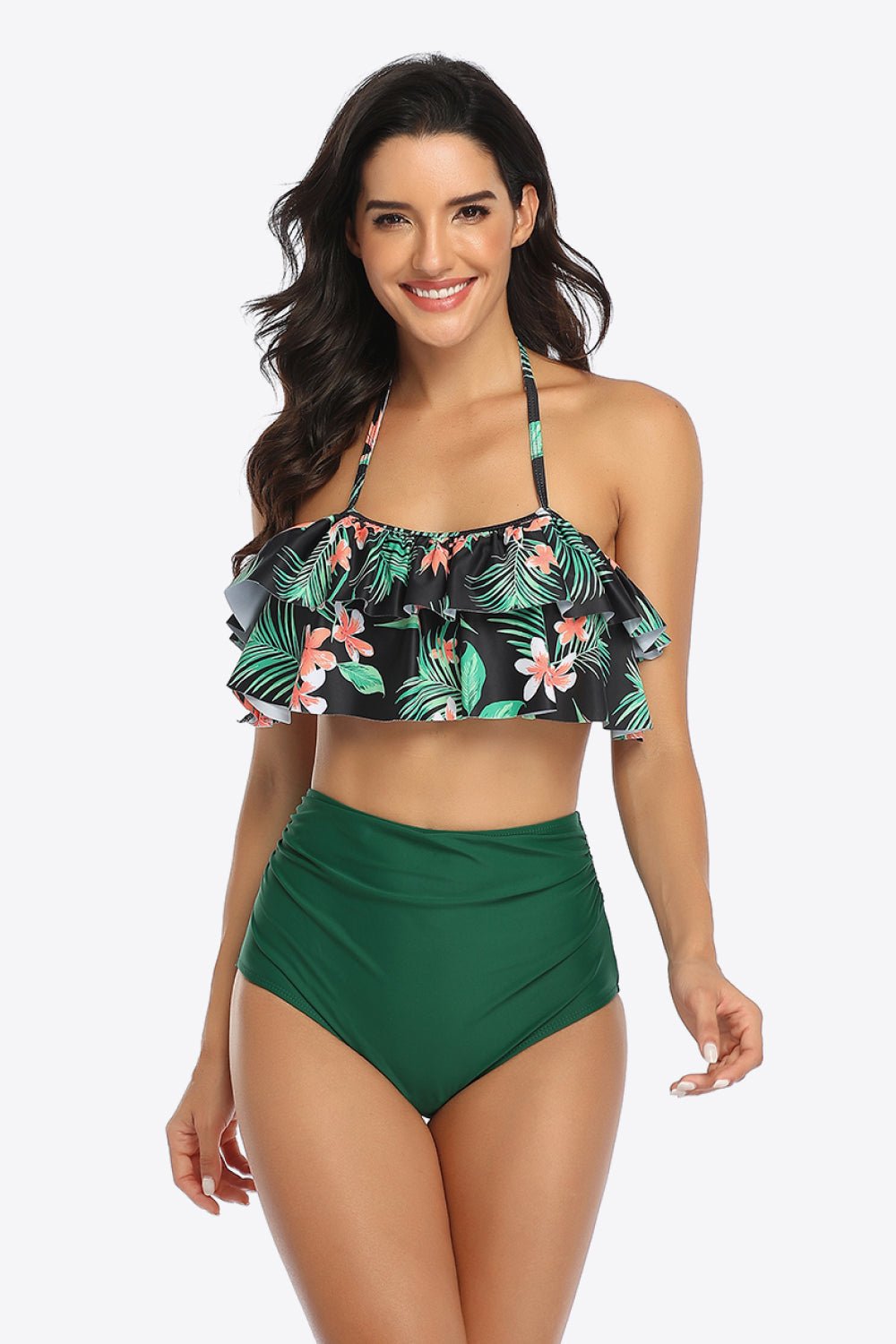 Two-Tone Ruffled Halter Neck Two-Piece Swimsuit - Groove Rabbit