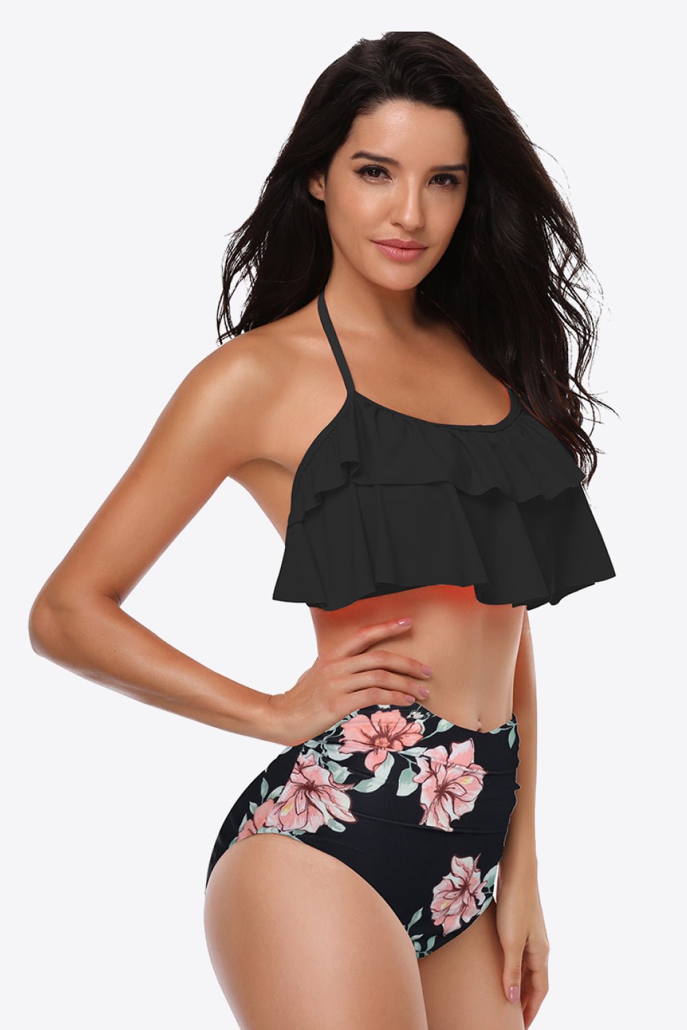 Two-Tone Ruffled Halter Neck Two-Piece Swimsuit - Groove Rabbit