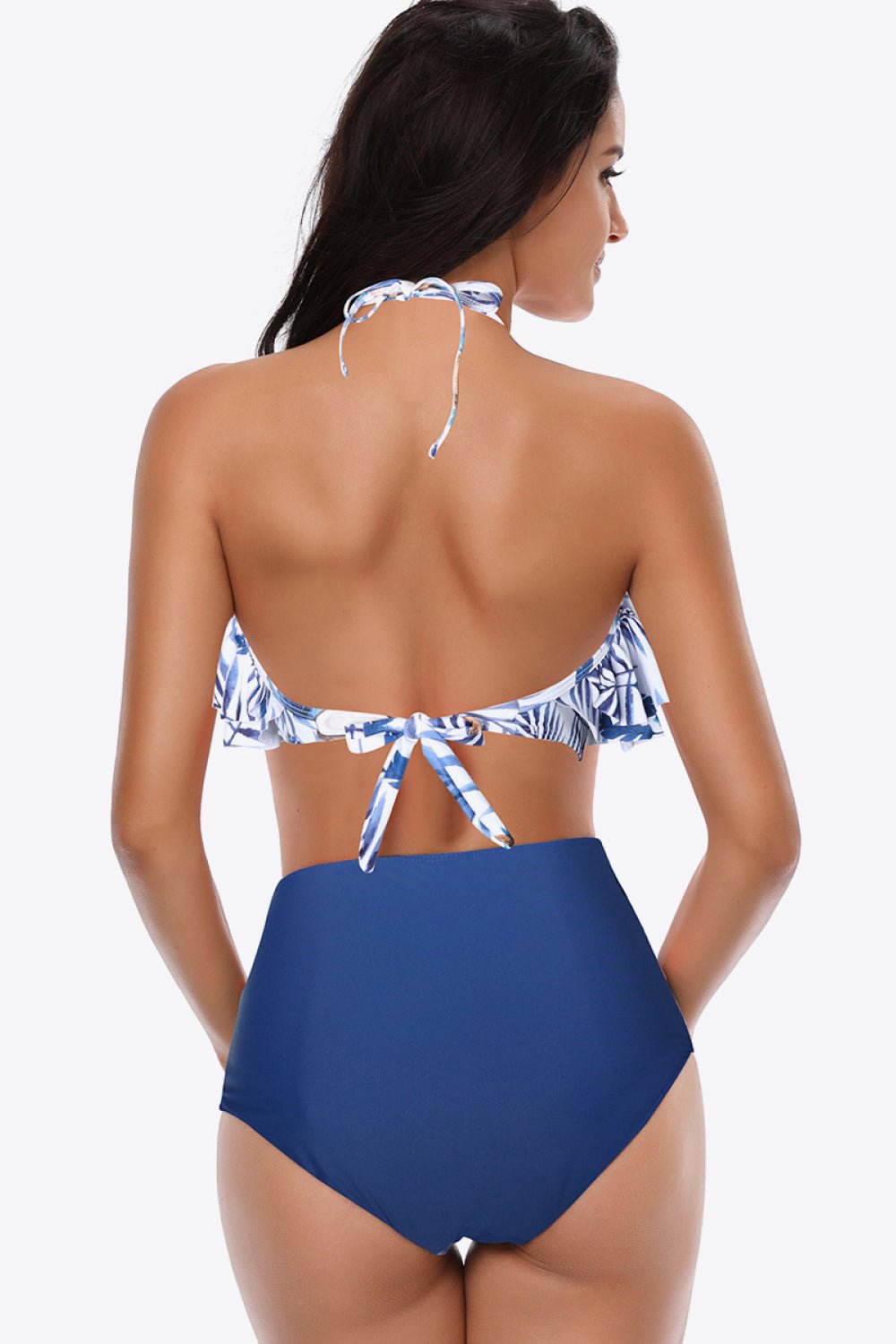 Two-Tone Ruffled Halter Neck Two-Piece Swimsuit - Groove Rabbit