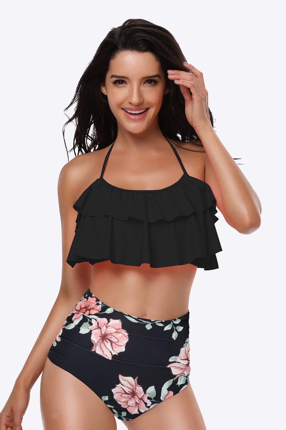 Two-Tone Ruffled Halter Neck Two-Piece Swimsuit - Groove Rabbit